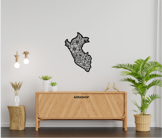 Cuadro decorativo del Mapa del Perú con detalles geográficos, impreso en madera MDF para espacios educativos o culturales.
