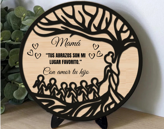cuadro personalizado día de la madre, árbol de madera grabado